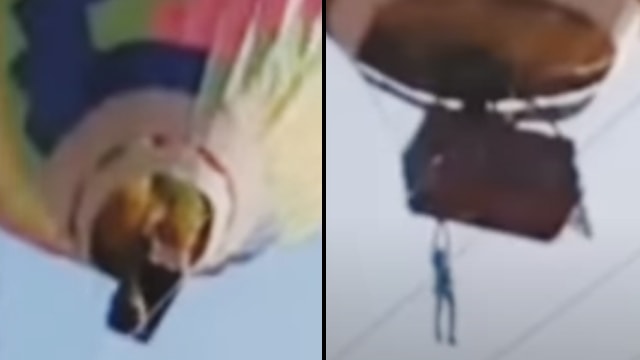 Orang nyaris jatuh dari balon, ditolong dengan selimut. (Foto: 3W Daily/YouTube)