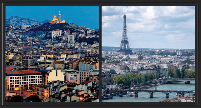 Suasana kontras Marseille (kiri) dan Paris (kanan) yang merupakan rival abadi di Prancis semenjak ratusan tahun lalu (Sumber: Wikipedia/Wikimedia Commons)