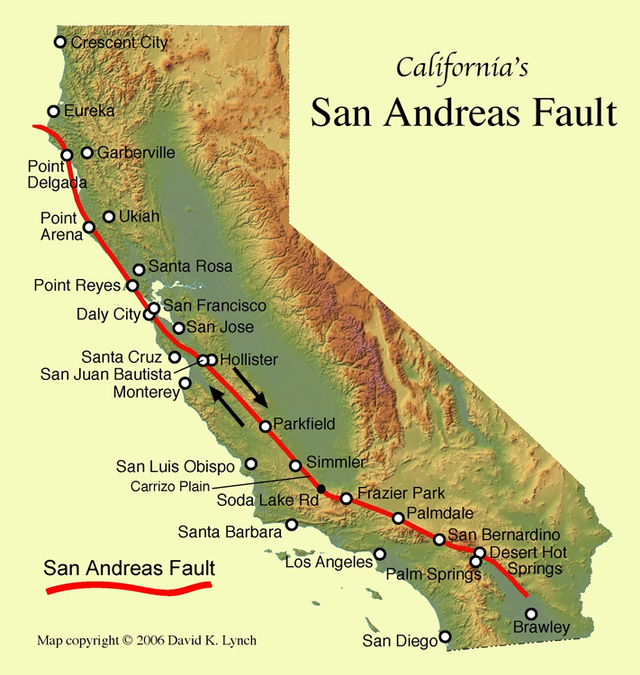 Peta Sesar San Andreas di Pantai Barat Amerika (Sumber foto: David K. Lynch dalam https://geology.com/articles/san-andreas-fault.shtml)