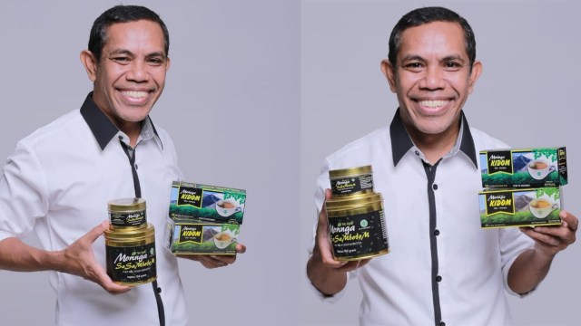 Nasrin dengan produk Teh Moringa dari daun kelor.(dok/pribadi)
