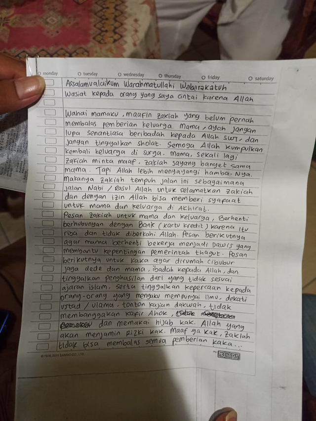 Surat wasiat perempuan penyerang Mabes Polri. Foto: Dok. Istimewa