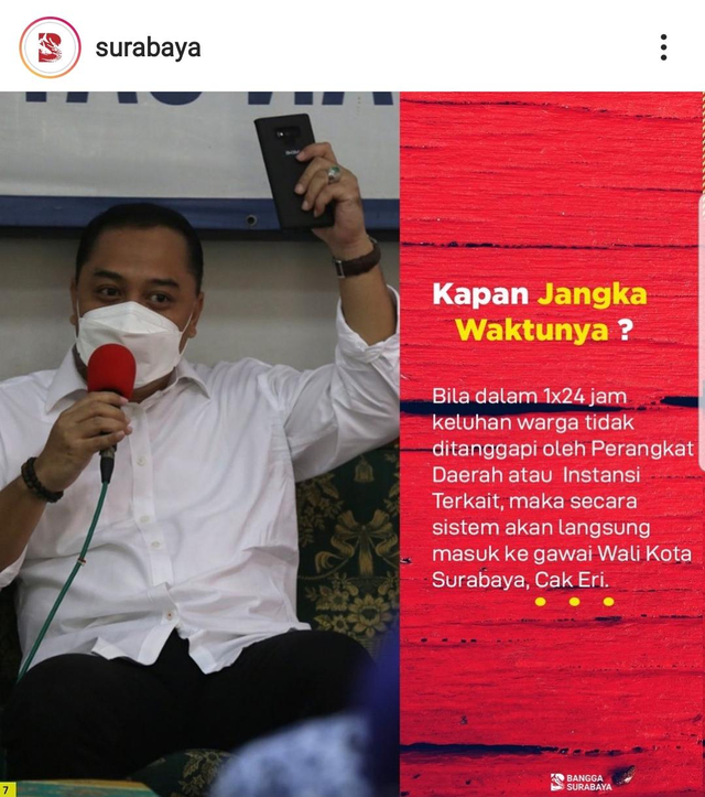 Melalui aplikasi 'Wargaku', Wali Kota Eri Cahyadi dapat melihat langsung mana saja OPD yang jarang menanggapi laporan warga. Foto: Instagram Bangga Surabaya
