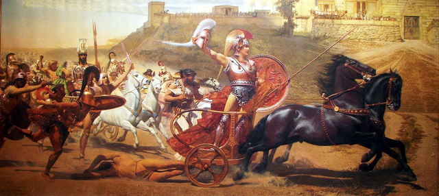 Achilles yang penuh kemenangan menyeret tubuh Hector di sekitar Troy, dari lukisan panorama Achilleion. | Wikimedia Commons