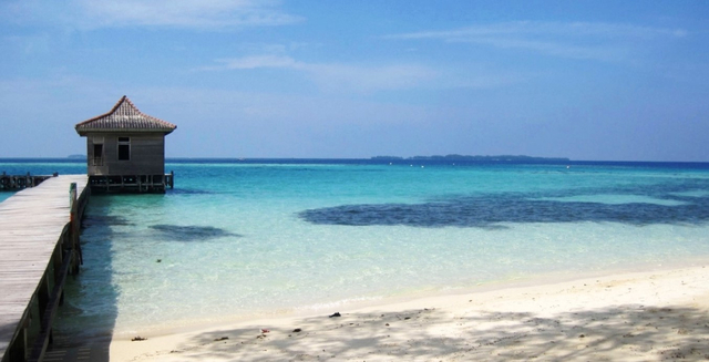 Pemandangan dari pantai di bagian tenggara Pulau Semak Daun, Kepulauan Seribu. Foto oleh: Gabriella Alodia (2012).