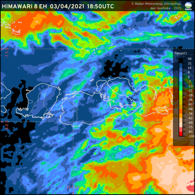 Citra radar Himawari 8 EH Pada 2 April 2021 di Provinsi NTB terutama di Pulau Sumbawa sebelah Timur berpotensi mengalami pembentukan awan yang signifikan (Sumber foto: BMKG.GO.ID)
