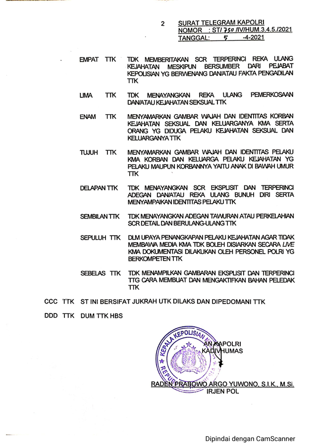 Telegram Kadiv Humas Polri Tentang Pelaksanaan Peliputan. Foto: Dok: Mabes Polri