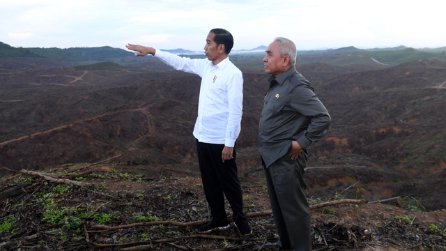Presiden Joko Widodo bersama Gubernur Kalimantan Timur Isran Noor (kanan) saat meninjau lokasi rencana ibu kota baru di Sepaku, Penajam Paser Utara, Kalimantan Timur. Foto: Akbar Nugroho Gumay/ANTARA FOTO