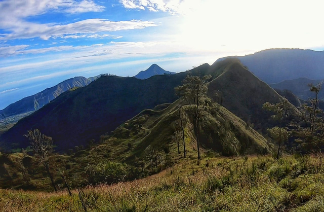 Punggungan jalur dari Puncak Gedong Lembah (2.200 mdpl) dan beberapa puncak serta lembah Sembalun di lihat dari Puncak Gedong Lembah. Foto: Harley Sastha