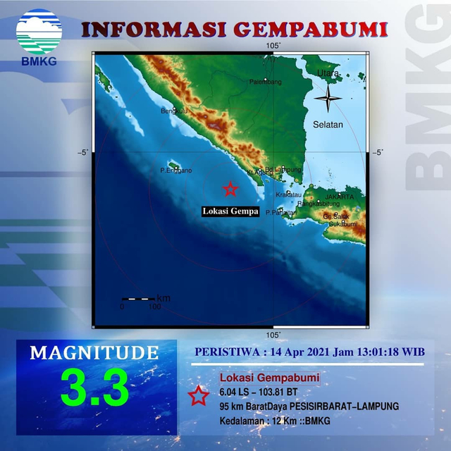 Gempa bumi berkekuatan 3.3 M terjadi di wilayah perairan Pesisir Barat Lampung, Rabu (14/4/2021) | Foto: BMKG Lampung