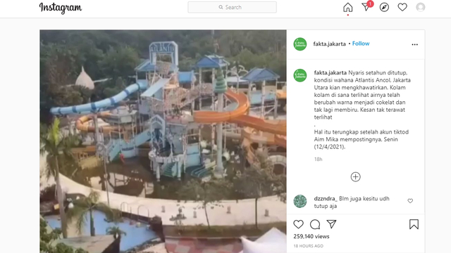 Tangkapan layar yang memperlihatkan biral kolam Atlantis keruh di Ancol Foto: Instagram @fakta.jakarta