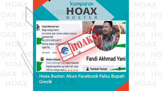 Hoax Buster: Akun facebook palsu Bupati Gresik. Foto: Kominfo