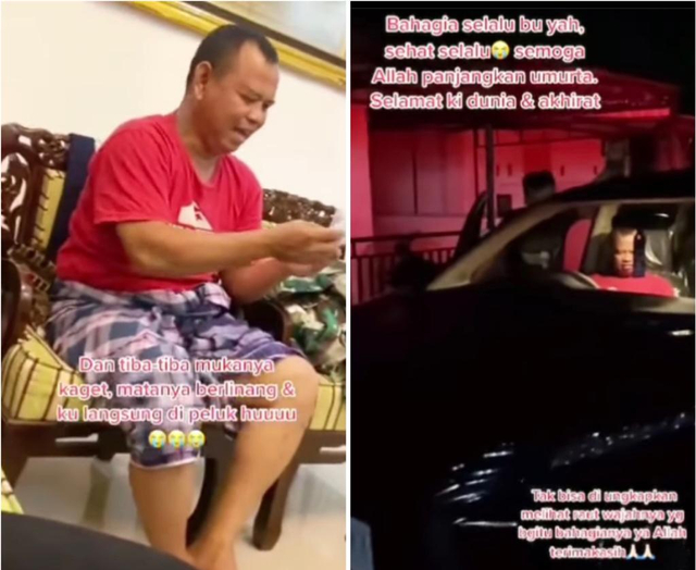 Momen seorang ayah sedih sekaligus bahagia ketika mendapat hadiah mobil baru dari anaknya. Foto: @prisca.reza/TikTok