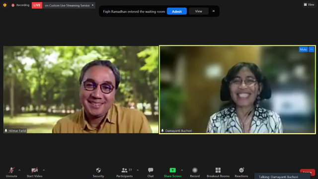 Kepala CTSS Prof Damayanti Buchori dan Direktur Jenderal Budaya, Kementerian Pendidikan dan Kebudayaan RI, Hilmar Farid, dalam kuliah umum yang berlangsung secara virtual. (foto: istimewa)
