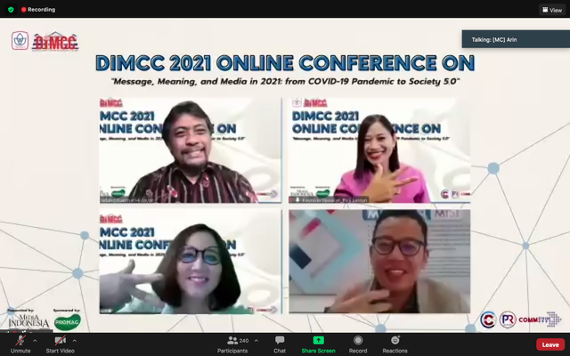 Pembicara kunci sesi pertama suarakan isu komunikasi digital dan kesehatan dalam konferensi Dynamic Media, Communication, and Culture (DiMCC) 2021, Kamis (15/4/2021) (Foto: Dokumentasi).