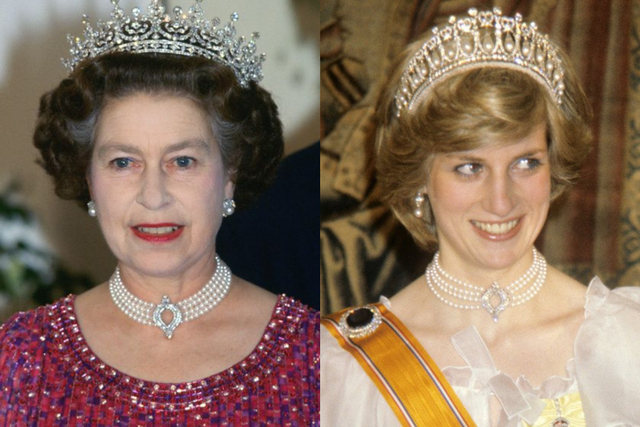 Ratu Elizabeth II & Putri Diana saat mengenakan kalung mutiara yang sama Foto: Getty Images