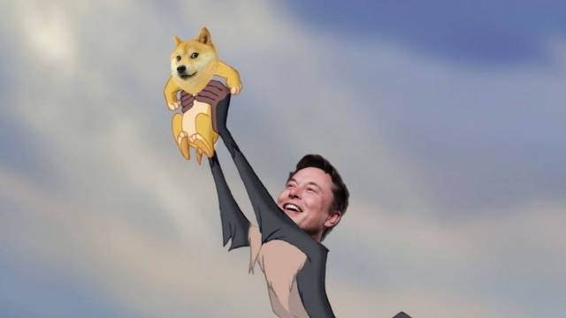 Meme dari scene Lion King yang telah diedit, menampilkan Elon Musk menggendong Doge Shiba Inu yang jadi simbol Dogecoin. Foto: Elon Musk/Twitter