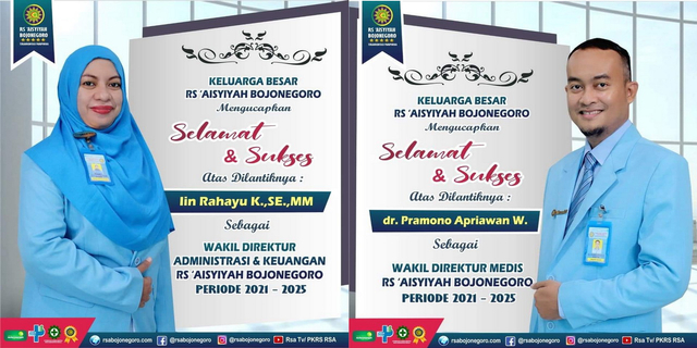 Wakil Direktur Administrasi dan Keuangan RS Aisyiyah Bojonegoro, Iin Rahayu K SE MM (kiri), dan Wakil Direktur Medis RS Aisyiyah Bojonegoro, dr Pramono Apriawan Wijayanto (kanan), yang baru dilantik. (foto: Istimewa)