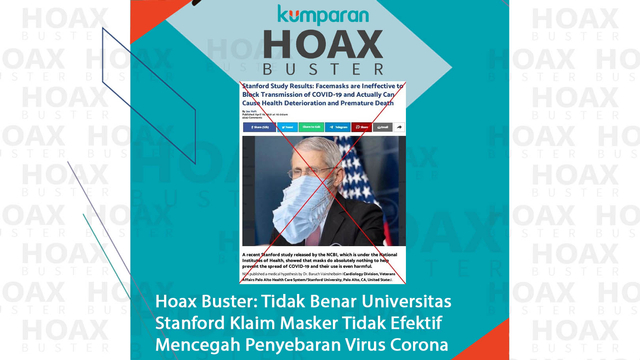 Hoax Buster: Tidak benar Universitas Stanford klaim masker tidak efektif mencegah penyebaran virus corona. Foto: AFP