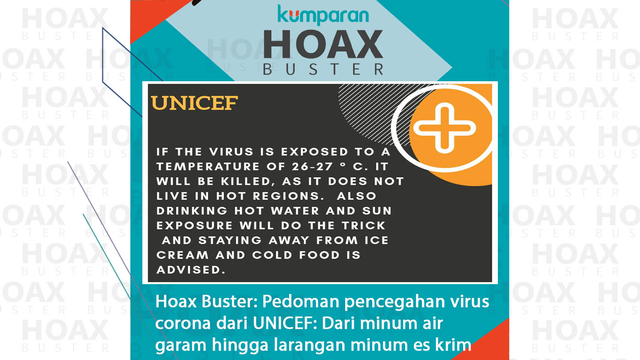 Hoax Buster: Pedoman pencegahan virus corona dari UNICEF: Dari minum air garam hingga larangan minum es krim. Foto: Facebook
