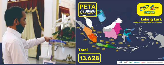 keterangan foto: kiri: Presiden RI Joko Widodo melihat Face Shield EFICov karya BPPT. kanan: peta distribusi Face Shield oleh BPPT Runners