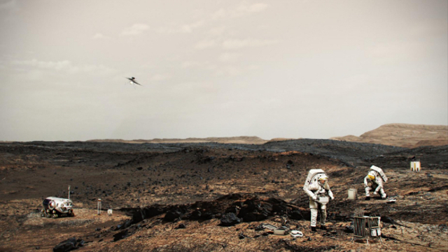 Ilustrasi drone luar angkasa bantu penyelidikan astronaut di Mars. Foto: NASA