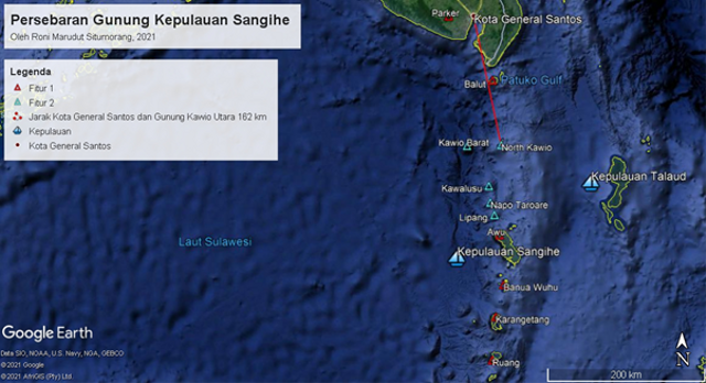 Persebaran Gunung Kepulauan Sangihe (Fitur 1 merupakan Gunung api Holosen, Fitur 2 merupakan Gunung api Pleistosen), Oleh Roni Marudut Situmorang 2021