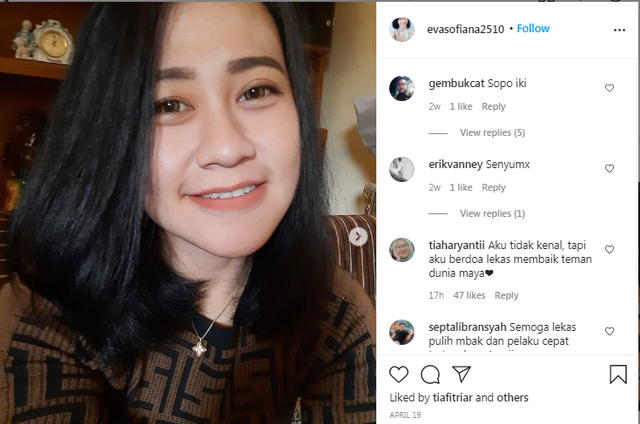 Instagram Eva yang bernama @evasofiana2510 di postingan foto selfie korban tanggal 19 April 2021.