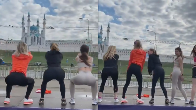Aksi kontroversial atlet lari wanita Rusia di depan sebuah masjid. (Foto: Twitter)