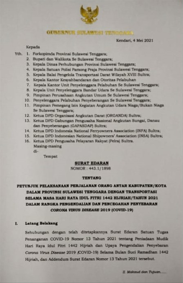 Gubernur Sultra Resmi Mengeluarkan Surat Edaran Larangan Mudik Idul Fitri 1442 H Kumparan 