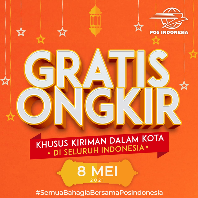 PT Pos Indonesia (Persero) menggelar program gratis ongkos kirim untuk pengiriman dalam kota pada Sabtu, 8 Mei 2021.  Foto: PT Pos Indonesia (Persero)