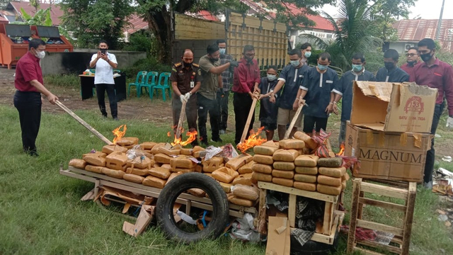 Pembakaran barang bukti ganja dimusnahkan polisi. Foto: Polda Aceh