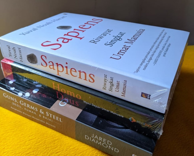 Buku Sapiens, Homo Deus, dan Guns, Germs & Steel. Foto: Pribadi