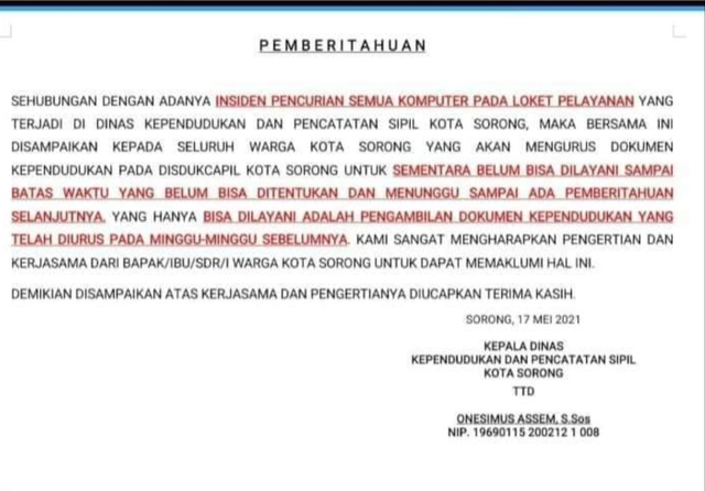 Polres Sorong Kota Mulai Penyelidikan Pencurian di Kantor Dukcapil Kota Sorong (165371)