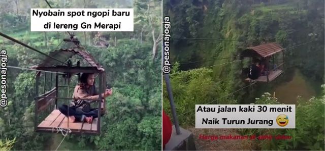 Pengunjung naik gondola di daerah lereng Gunung Merapi. Foto: Tangkapan Layar TikTok @pesona_jogja