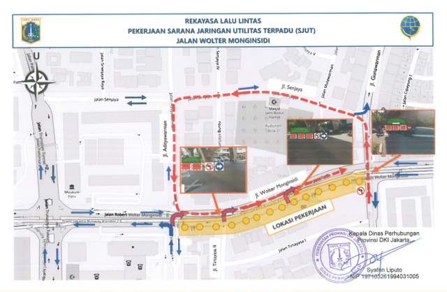 Rekayasa Lalu Lintas Pekerjaan Sarana Jaringan Utilitas Terpadu (SJUT) Jalan Wolter Monginsidi. Foto: Dishub DKI Jakarta