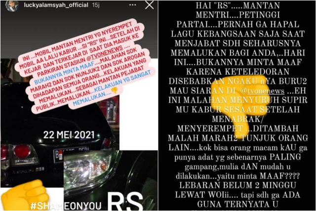 Mobil Lucky Alamsyah ditabrak oleh orang berinisial RS. Foto: Instagram/@luckyalamsyah_official