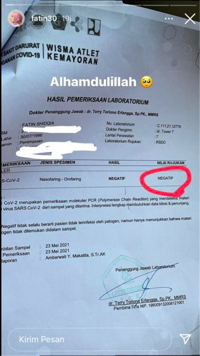 Sempat Dirawat di Wisma Atlet, Fatin Shidqia Lubis Sudah Negatif COVID-19 (13815)