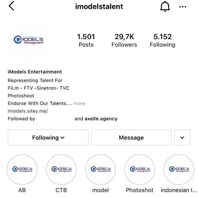 Nama akun Instagram iModels Entertainment yang sudah mengelabuhi banyak pengikutnya..