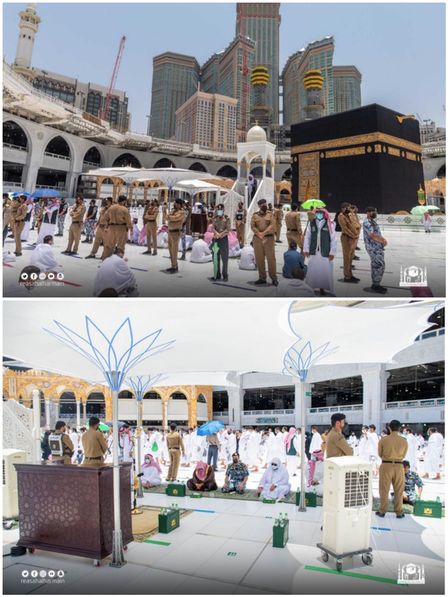 Penjagaan sebelum (bawah) dan sesudah (atas) upaya penyerangan pada khatib di Masjidil Haram. Foto: Dok. gph.gov.sa