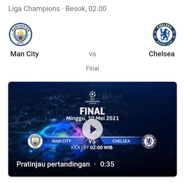 Gambar : Tangkapan layar penelusuran google Final liga champions antara Manchester City FC VS Chelsea FC. Dok. Pribadi