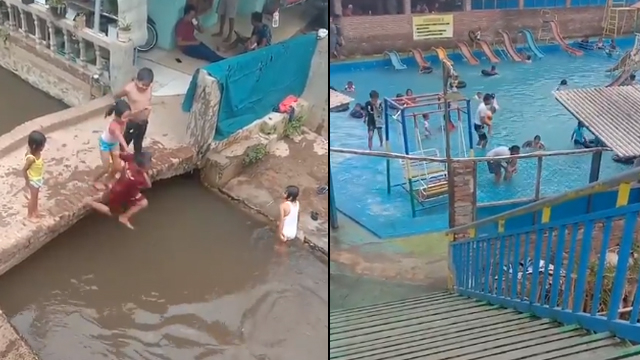 Potret Kontras Bocah Berenang di Selokan, Lokasinya Tepat di Sebelah Waterboom (181008)