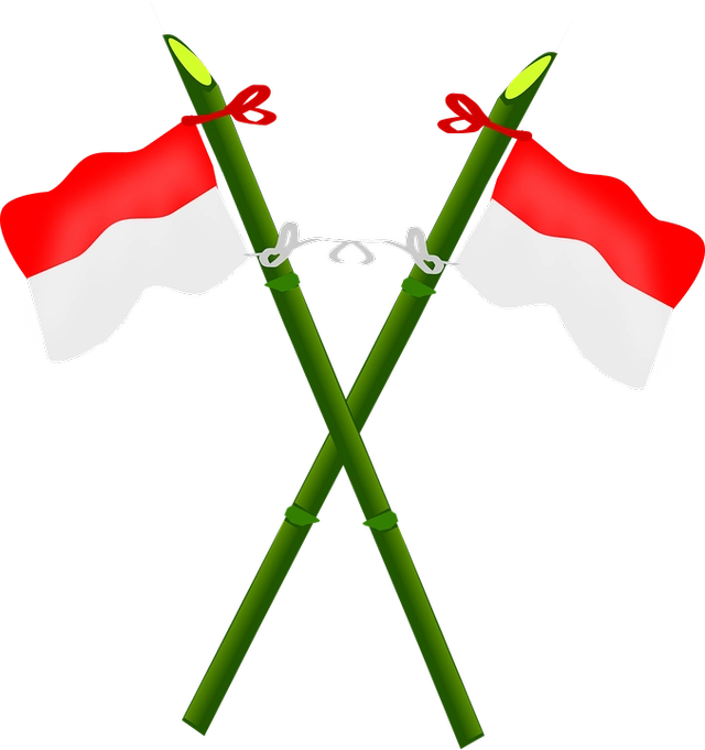 Gambar Ilustrasi dua tiang bambu bersilangan dan bendera merah putih yang berkibar, Artinya Generasi yang berjiwa nasionalisme dan patriotisme yang kuat, melahirkan bangsa nasionalis yang kukuh. Pixabay.com  