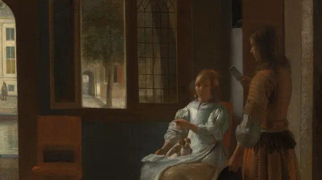 Lukisan karya seniman Belanda, Pieter de Hooch, berjudul "Man Handing a Letter to a Woman in the Entrance Hall of a House." Foto: Dok. Rijksmuseum Amsterdam