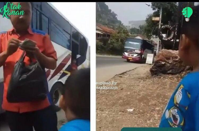Momen seorang kernet bus menyempatkan diri memberi uang ke anaknya di pinggir jalan. Foto: @otakkanan