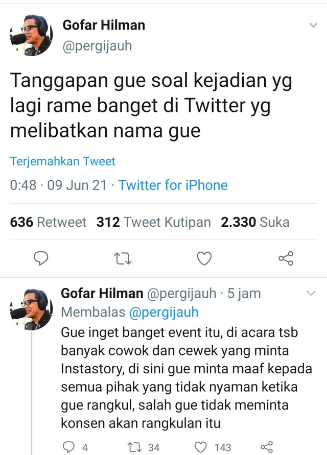 Klarifikasi Gofar Hilman yang dituding pernah lakukan pelecehan seksual. Foto: Twitter @pergijauh