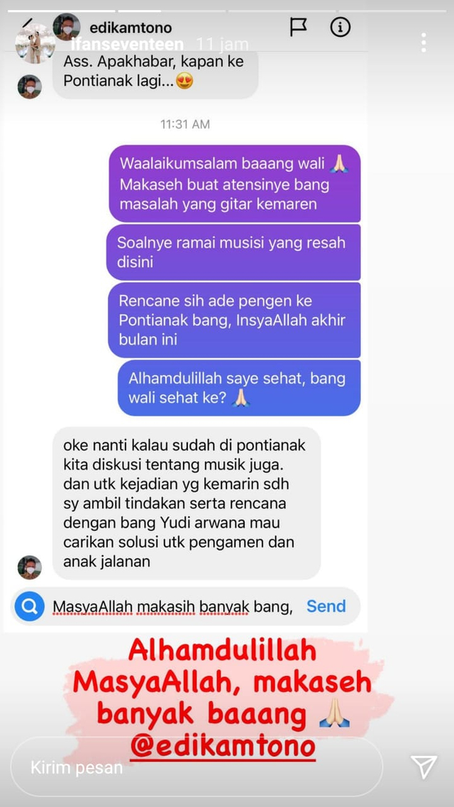 Percakapan Wali Kota Pontianak dan Ifan Seventeen. Foto: Tangkapan Layar Instagram @ifanseventeen