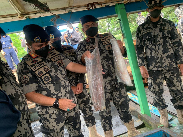 Direktur Pemantauan dan Operasi Armada, Pung Nugroho Saksono, menunjukkan ikan kerapu yang dicuri kapal Vietnam dari laut Indonesia. Foto: Teri/Hi!Pontianak 