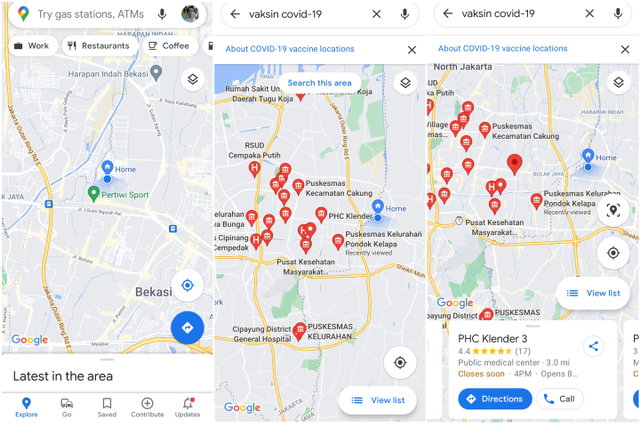 Google Maps sediakan informasi tentang lokasi vaksinasi covid di Jakarta. Foto: Screenshot