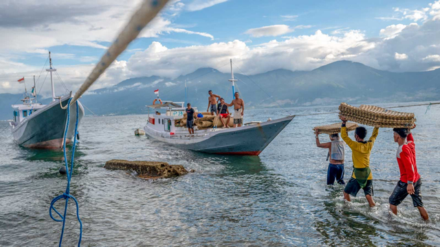 Nelayan memikul bahan pembuatan perangkap ikan ke atas perahu di Pantai Mamboro, Palu, Sulawesi Tengah, Rabu (16/6/2021). Foto: Basri Marzuki/ANTARA FOTO