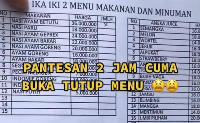 Daftar harga makanan di salah satu kafe yang ada di di daerah Tawangmangu Karanganyar, buat syok pengunjung.